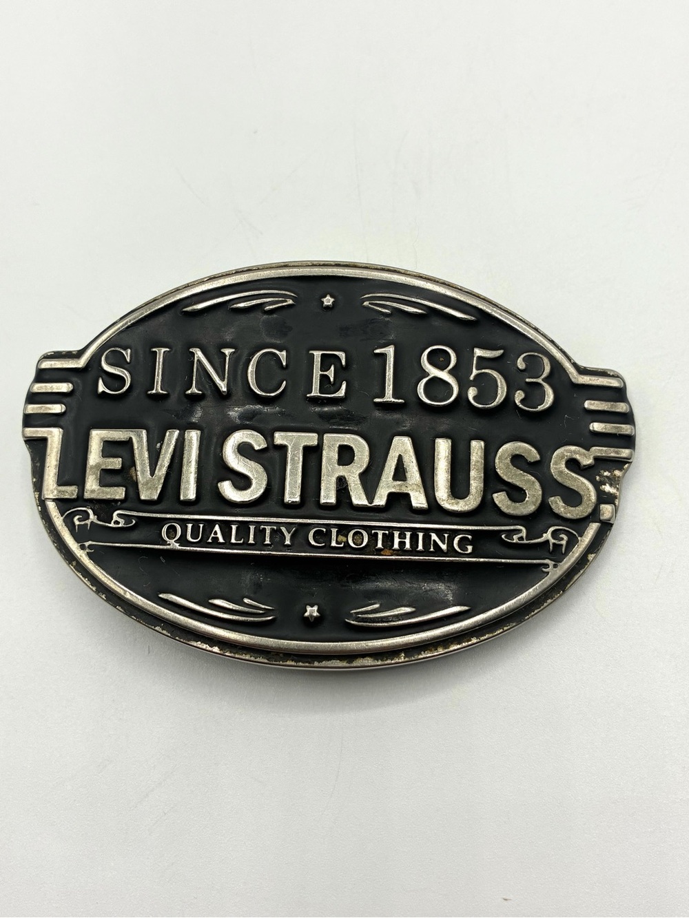 Levi Strauss Since 1853 Quality Clothing Metal Belt Buckle Black Silver Tone